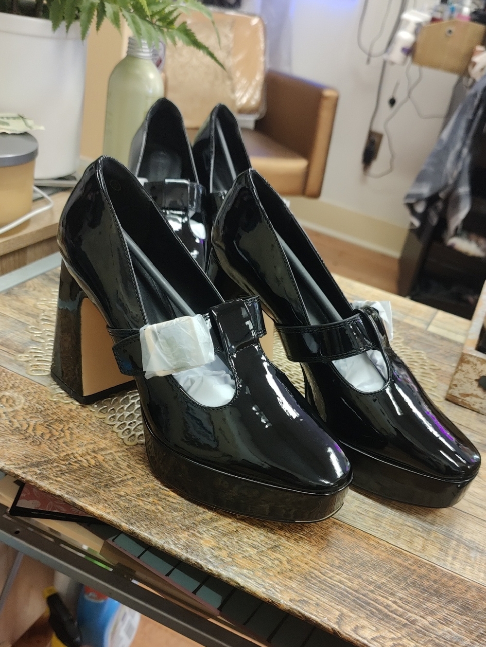 Patent Mary Jane Platform Pumps in Black